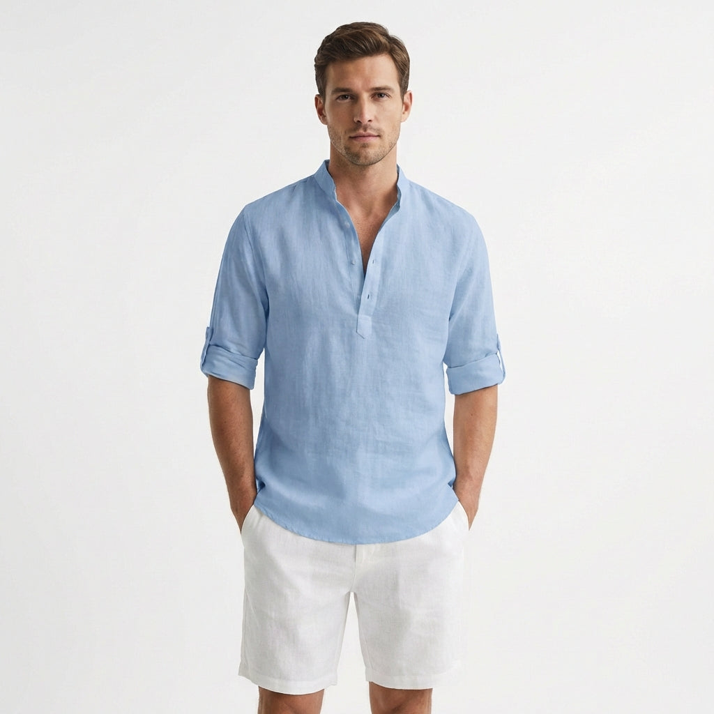 Hugo | Camisa Henley Cuello Mao Manga Remangada Hombre