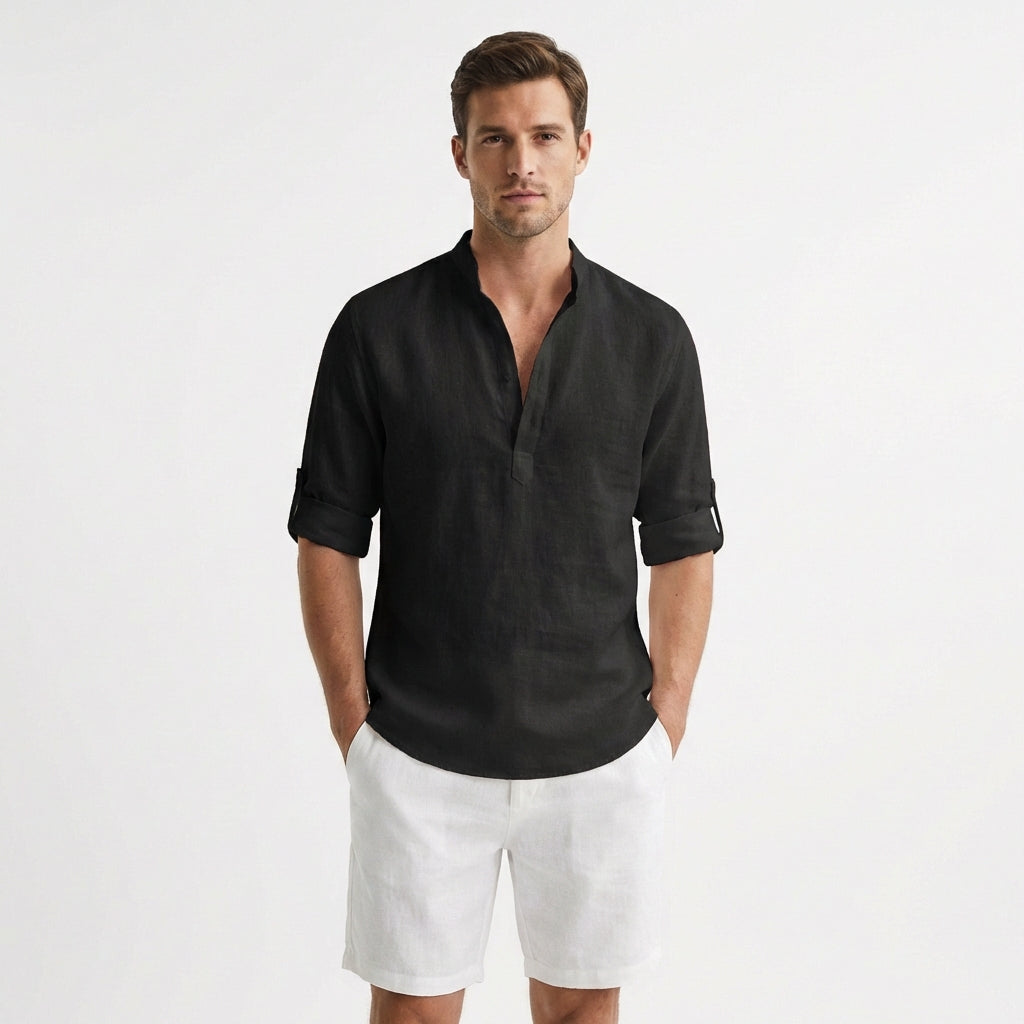 Hugo | Camisa Henley Cuello Mao Manga Remangada Hombre
