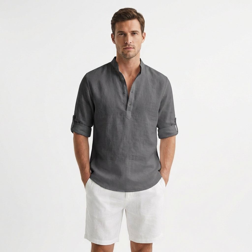 Hugo | Camisa Henley Cuello Mao Manga Remangada Hombre