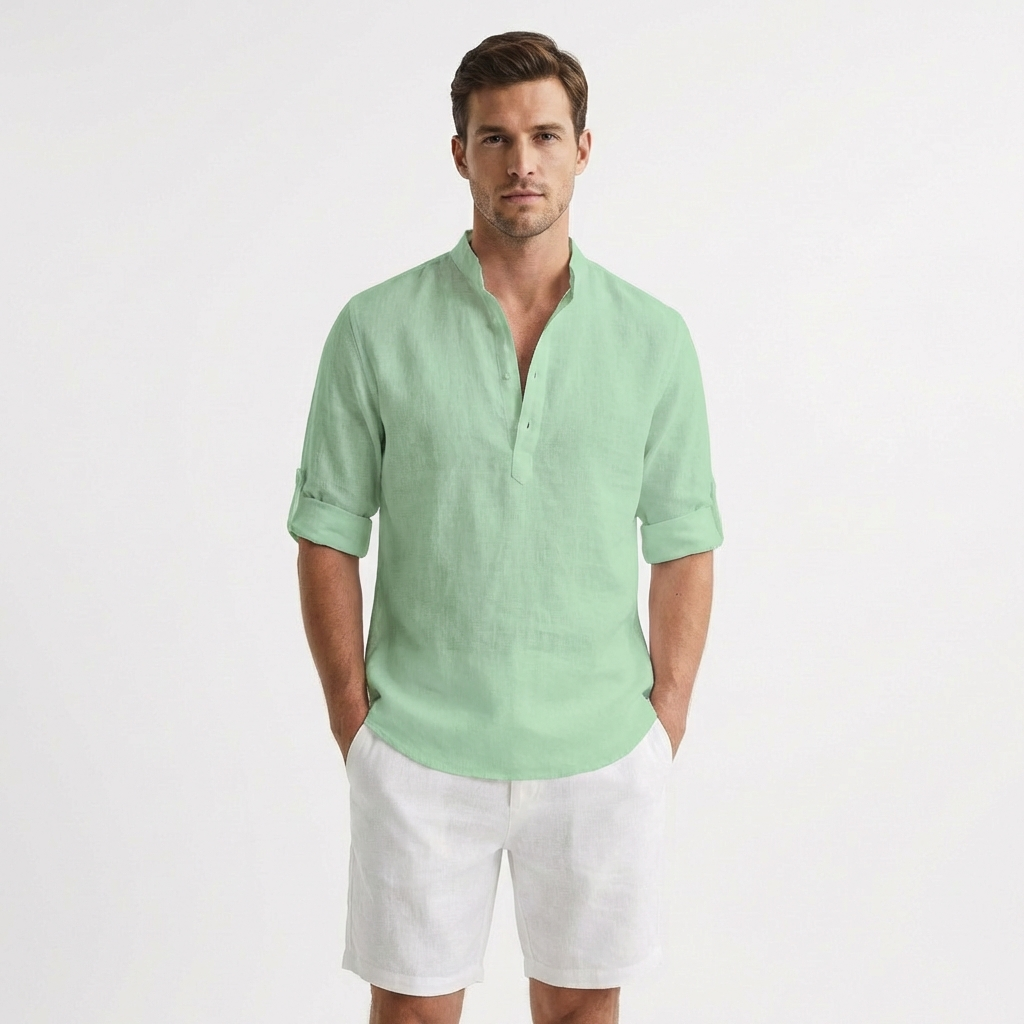 Hugo | Camisa Henley Cuello Mao Manga Remangada Hombre