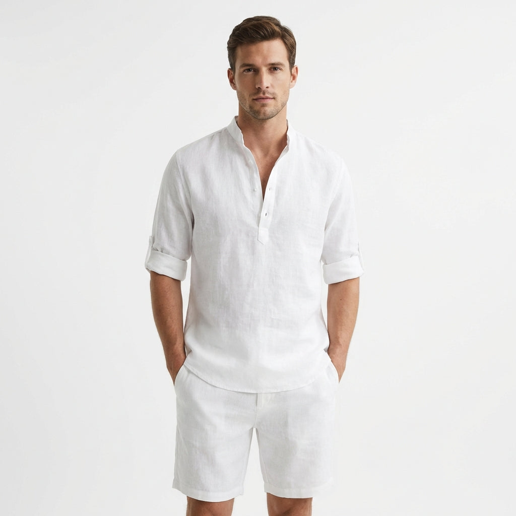 Hugo | Camisa Henley Cuello Mao Manga Remangada Hombre