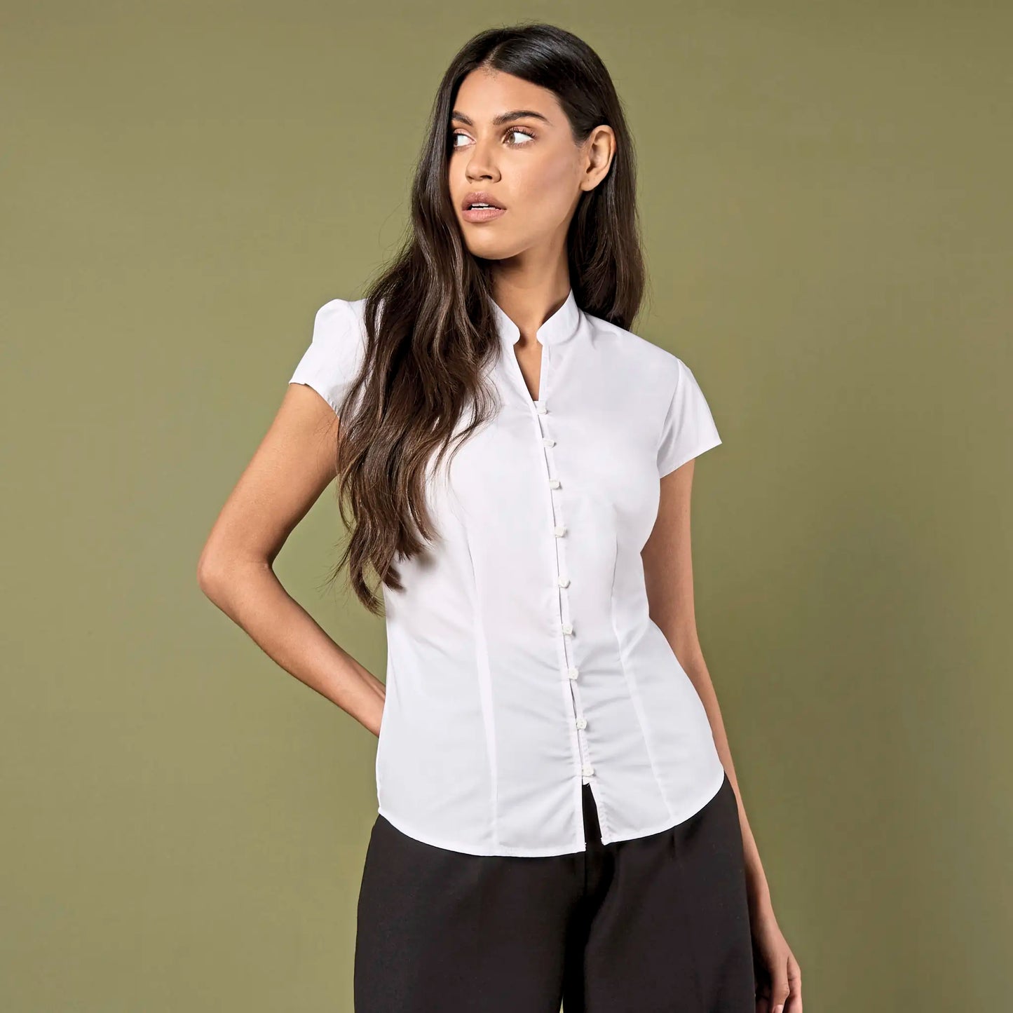 Blusa de mujer Tailored Fit Mandarin Collar Poplin Cap Sleeve